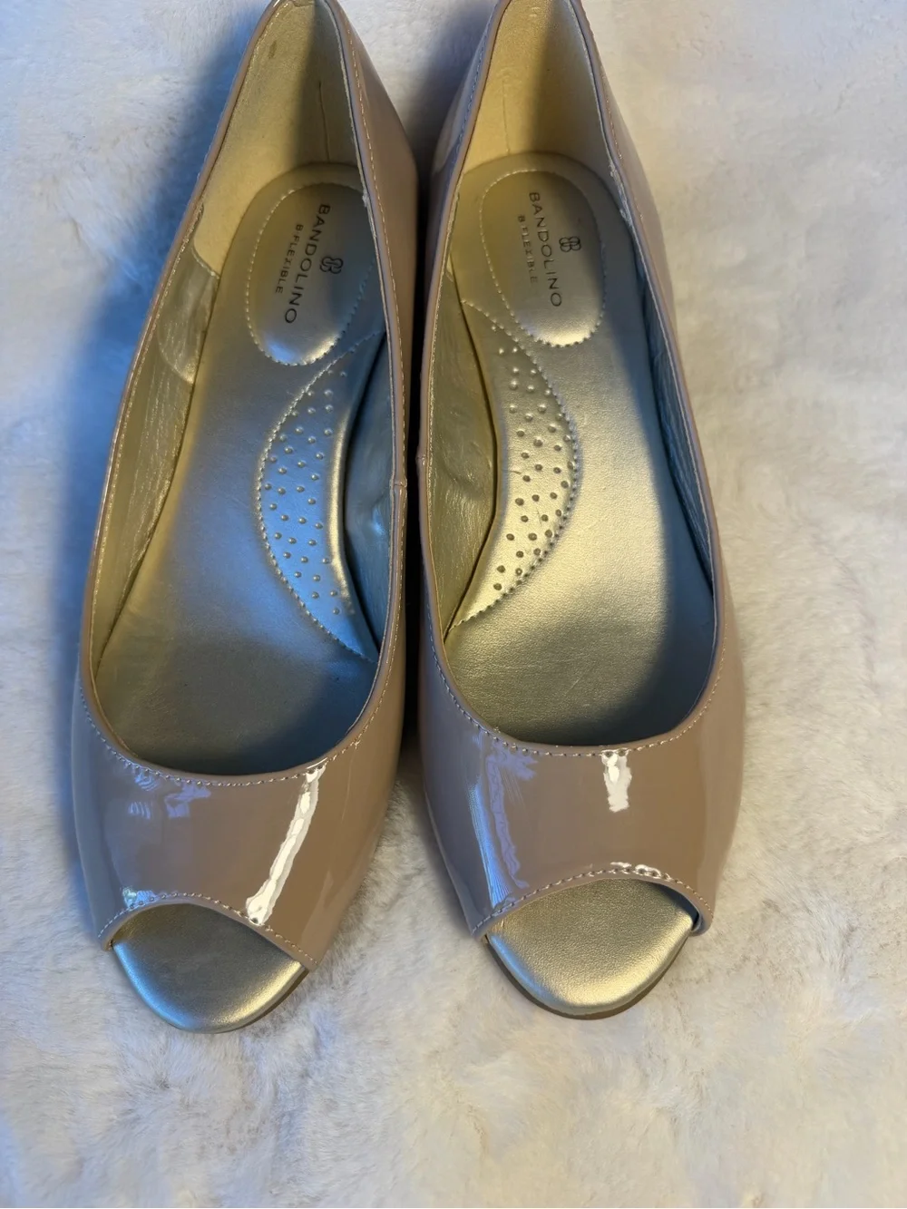 Bandolino Taupe Patent Peep-Toe Wedge Pumps - Size 7.5